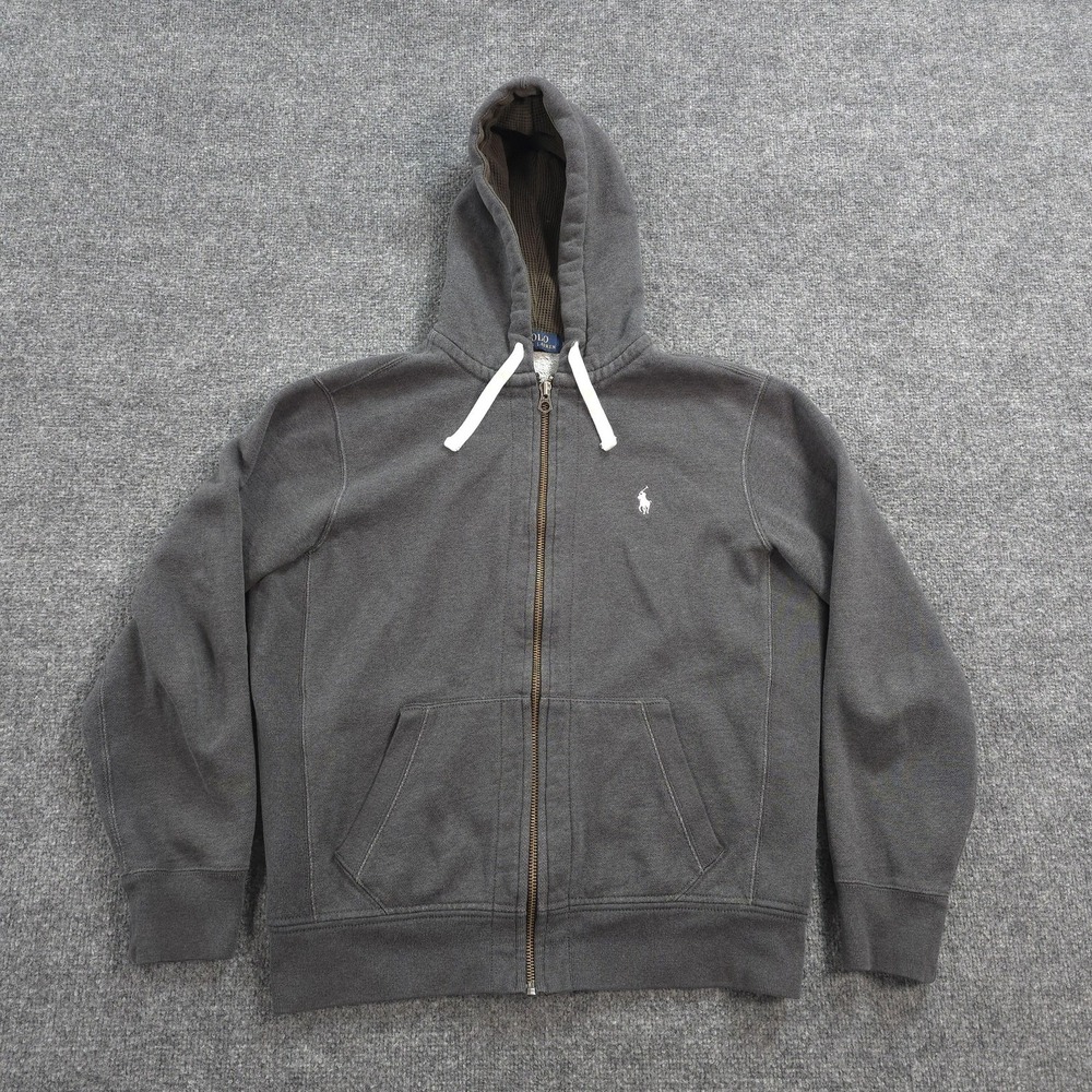 Polo Ralph Lauren Hoodie Mens Medium Gray Full Zip Thermal Hood Lined Pony‎ Logo